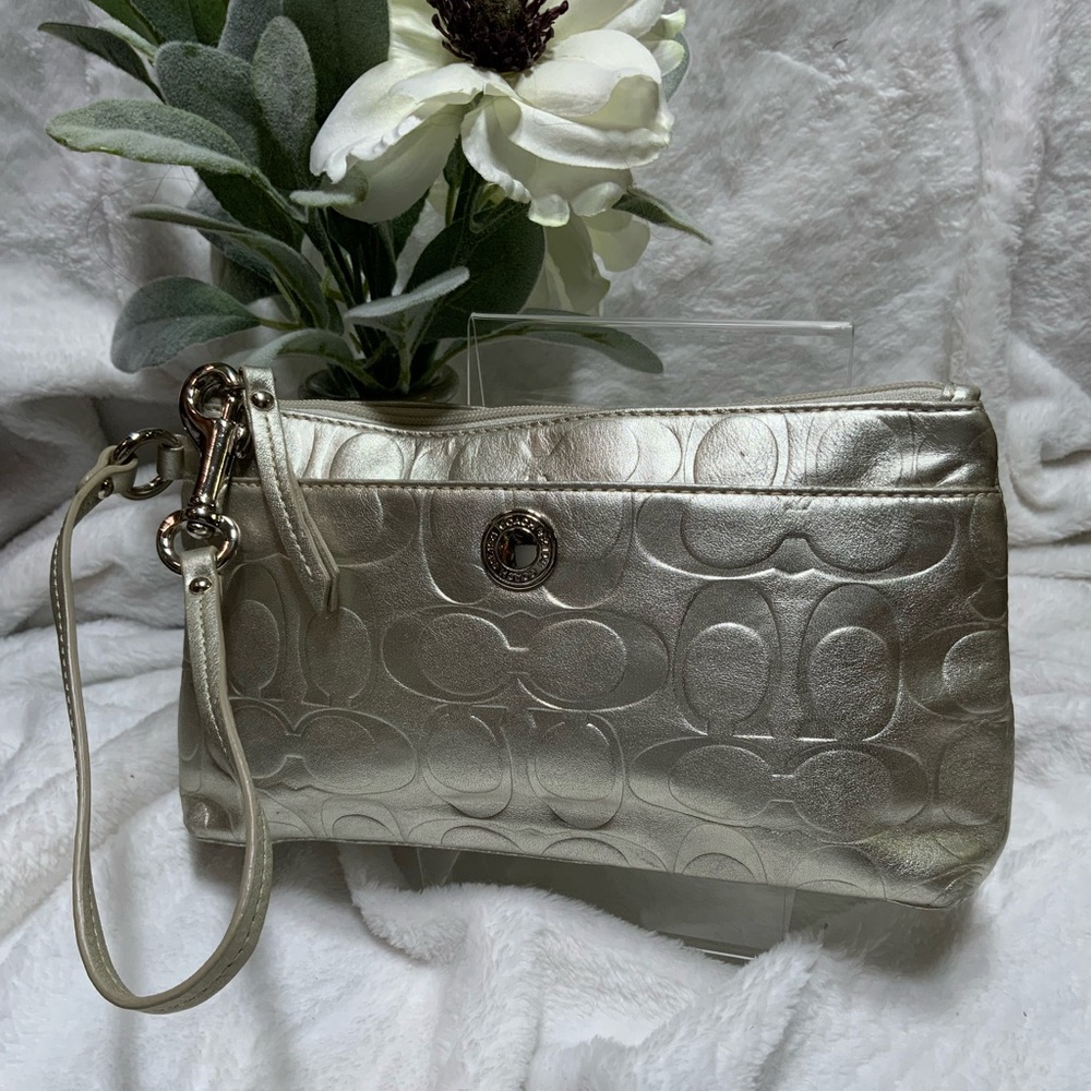 Coach Metallic Silver Wristlet Clutch